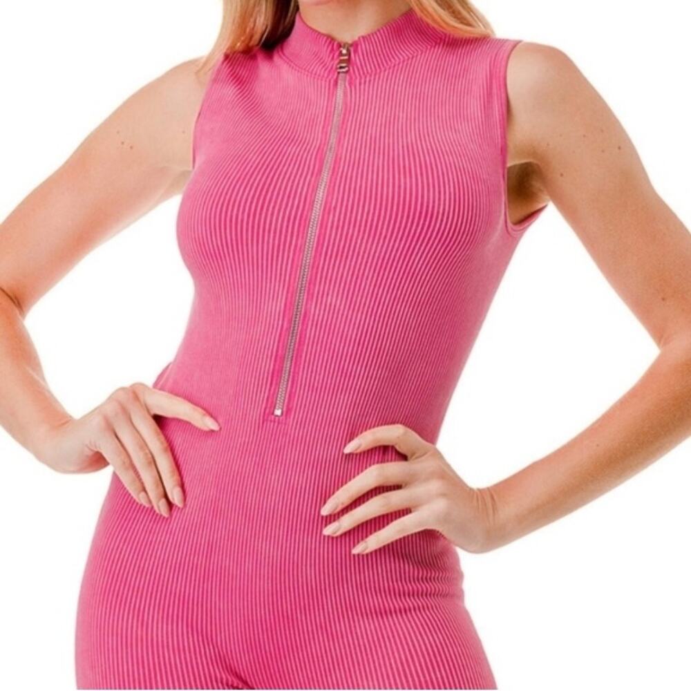 New Mix Classic Half Zip Sexy Short Pink Romper Sleeveless Slimming Size L
